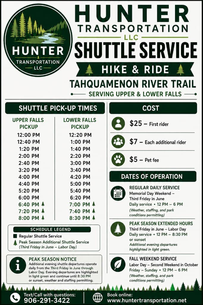 Hunter Transportation lot signage: Upper and Lower Falls pickup departure times, fares, and season dates